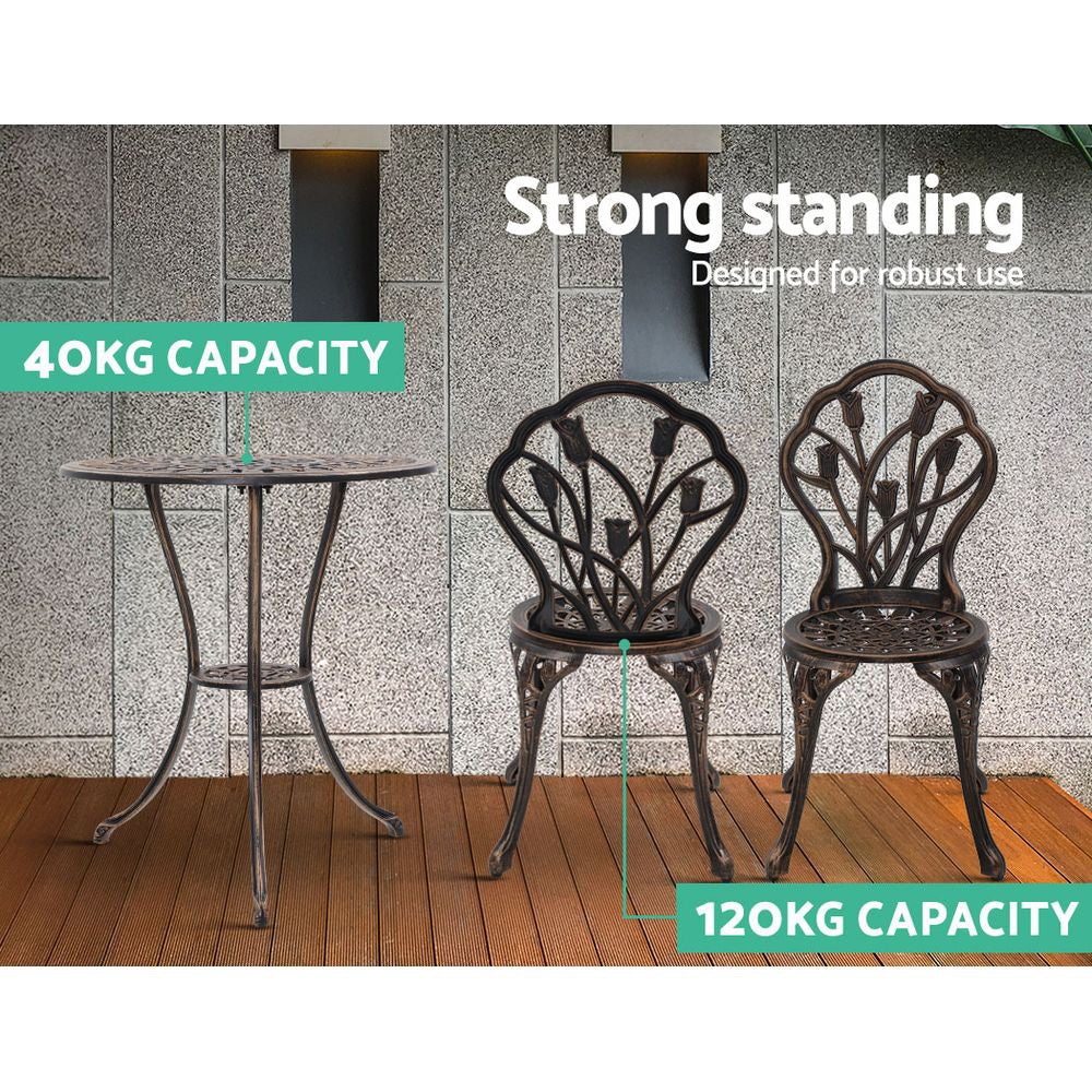 Gardeon 3PC Outdoor Bistro Set featuring a cast aluminium table and two chairs with elegant floral designs, perfect for patio or indoor use.