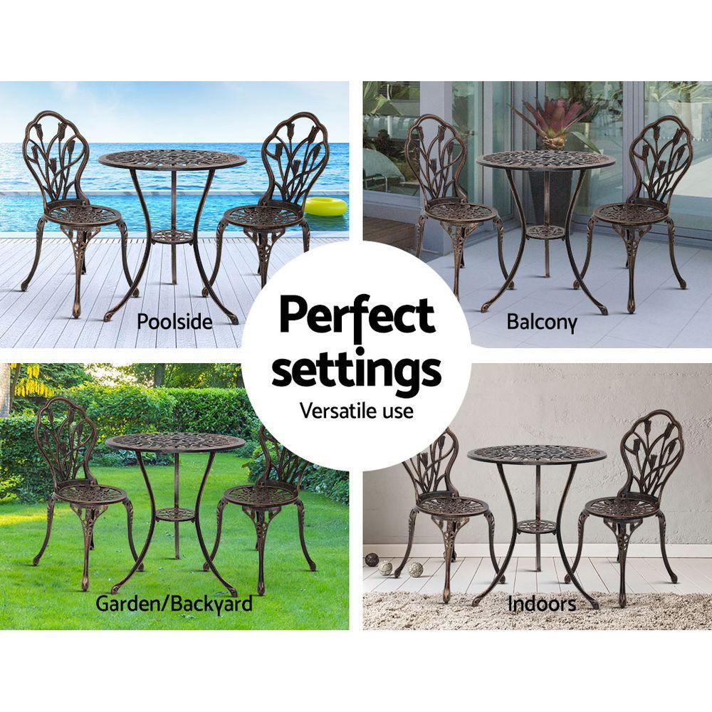 Gardeon 3PC Outdoor Bistro Set featuring a cast aluminium table and two chairs with elegant floral designs, perfect for patio or indoor use.