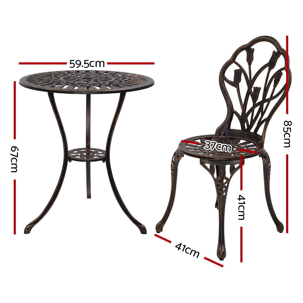 Gardeon 3PC Outdoor Bistro Set featuring a cast aluminium table and two chairs with elegant floral designs, perfect for patio or indoor use.