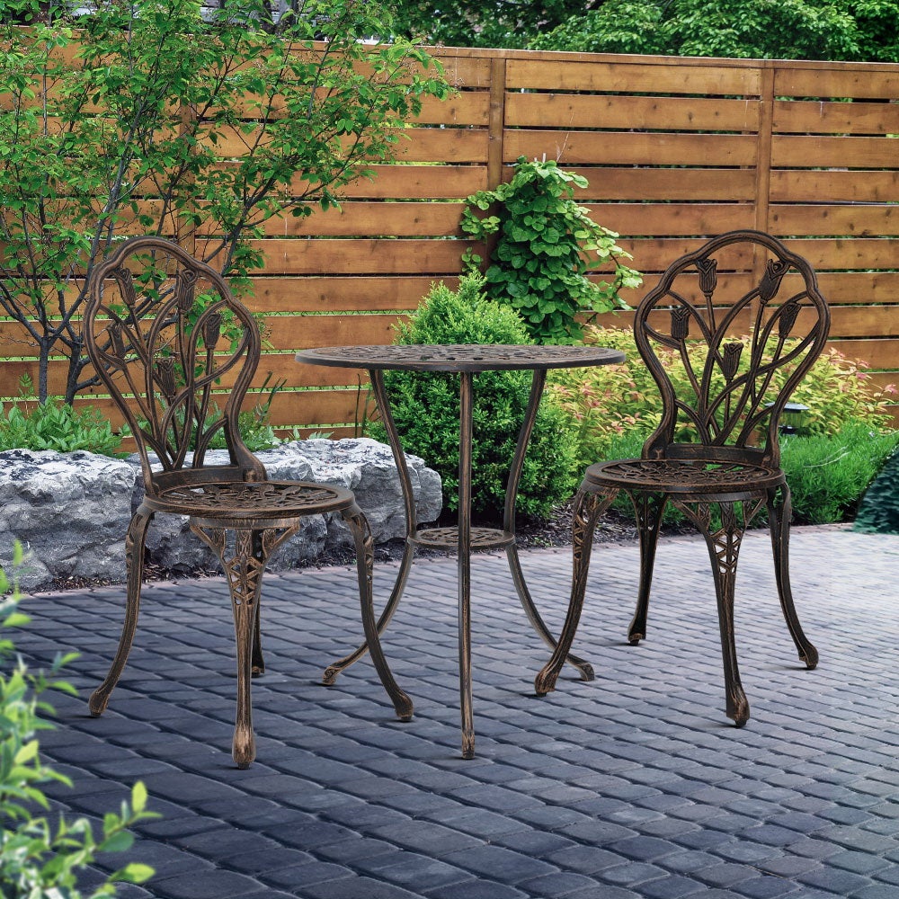 Gardeon 3PC Outdoor Bistro Set featuring a cast aluminium table and two chairs with elegant floral designs, perfect for patio or indoor use.