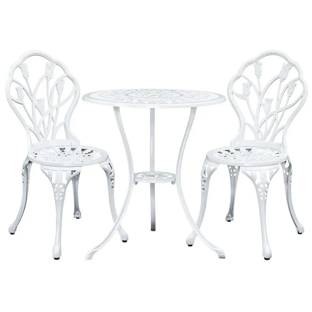 Gardeon 3PC Outdoor Bistro Set featuring a round table and two chairs with elegant floral patterns, made of rust-resistant cast aluminium.