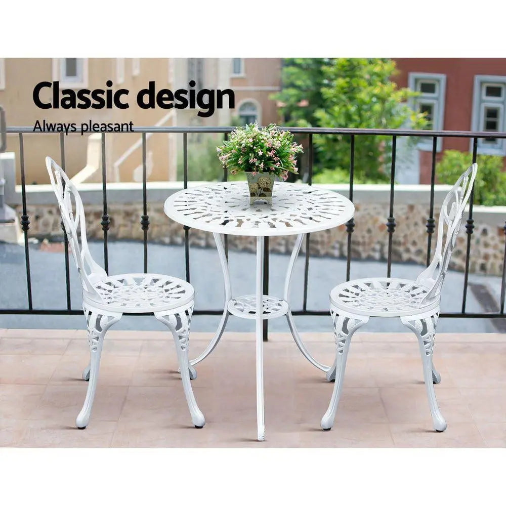 Gardeon 3PC Outdoor Bistro Set featuring a round table and two chairs with elegant floral patterns, made of rust-resistant cast aluminium.