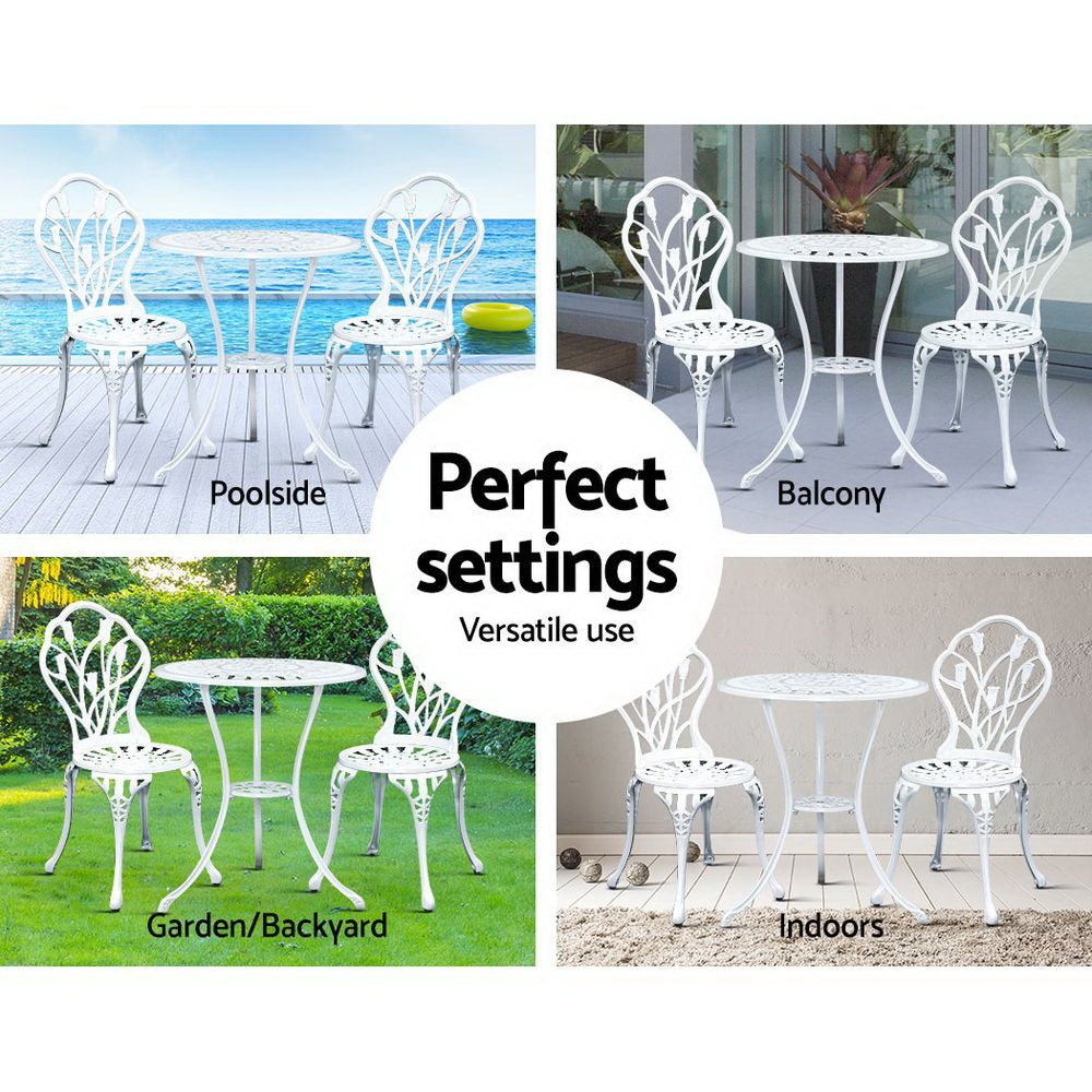 Gardeon 3PC Outdoor Bistro Set featuring a round table and two chairs with elegant floral patterns, made of rust-resistant cast aluminium.