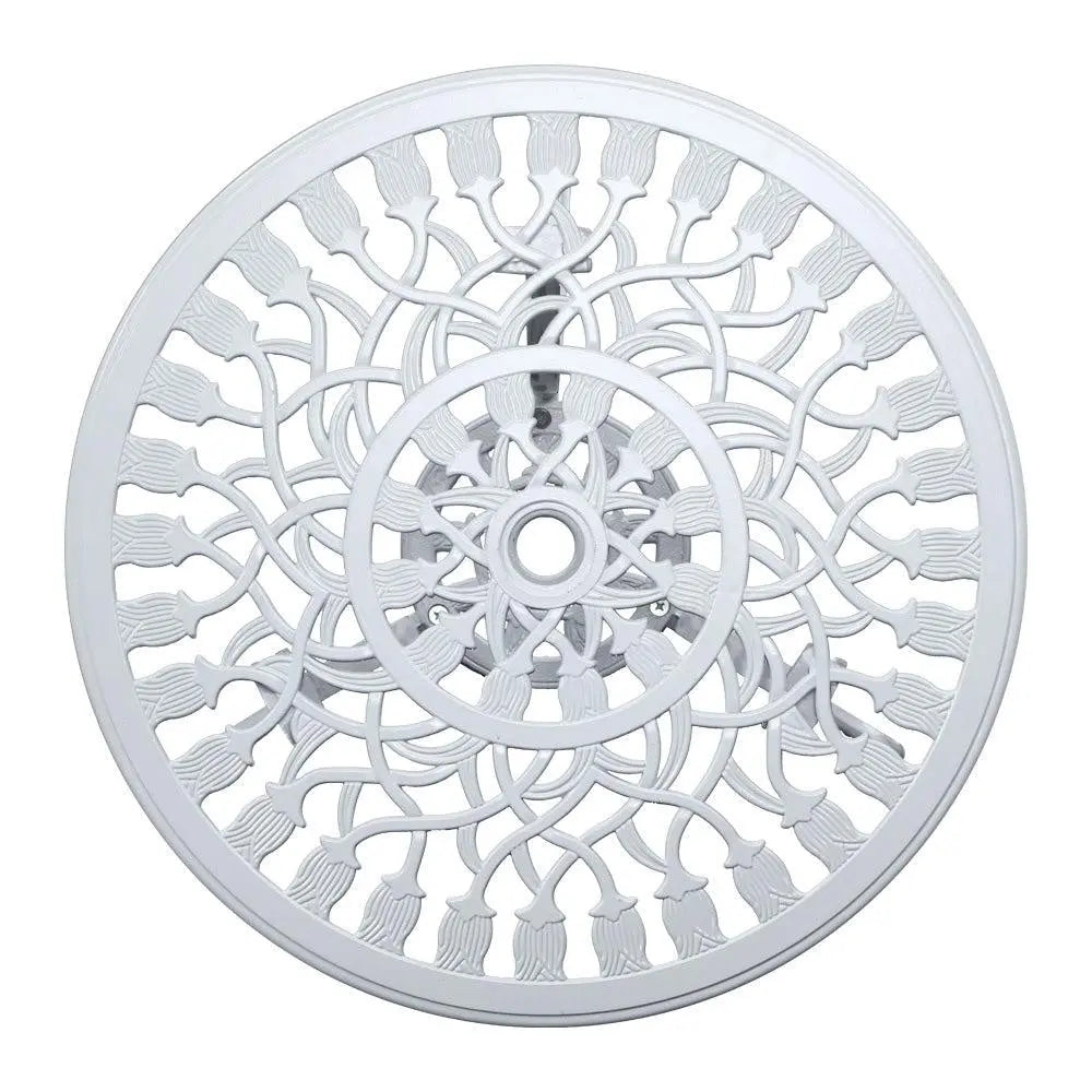 Gardeon 3PC Outdoor Bistro Set featuring a round table and two chairs with elegant floral patterns, made of rust-resistant cast aluminium.