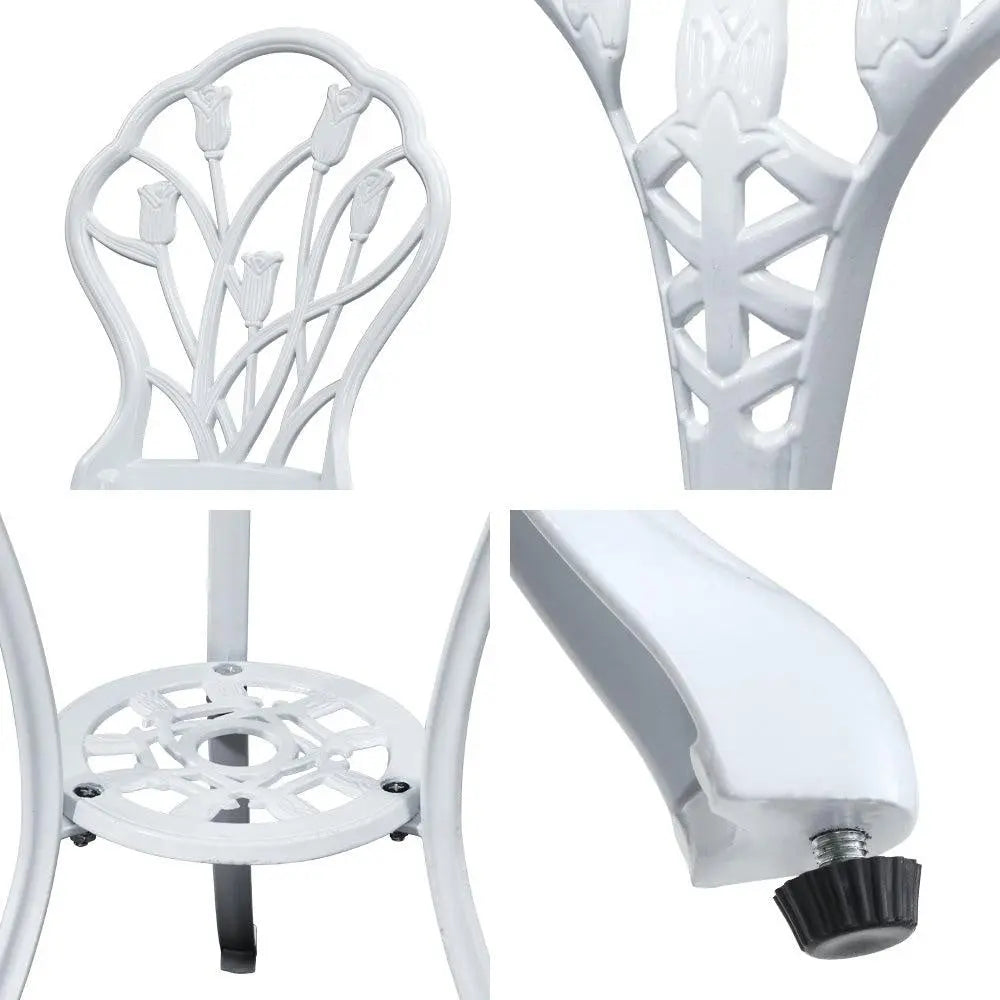 Gardeon 3PC Outdoor Bistro Set featuring a round table and two chairs with elegant floral patterns, made of rust-resistant cast aluminium.