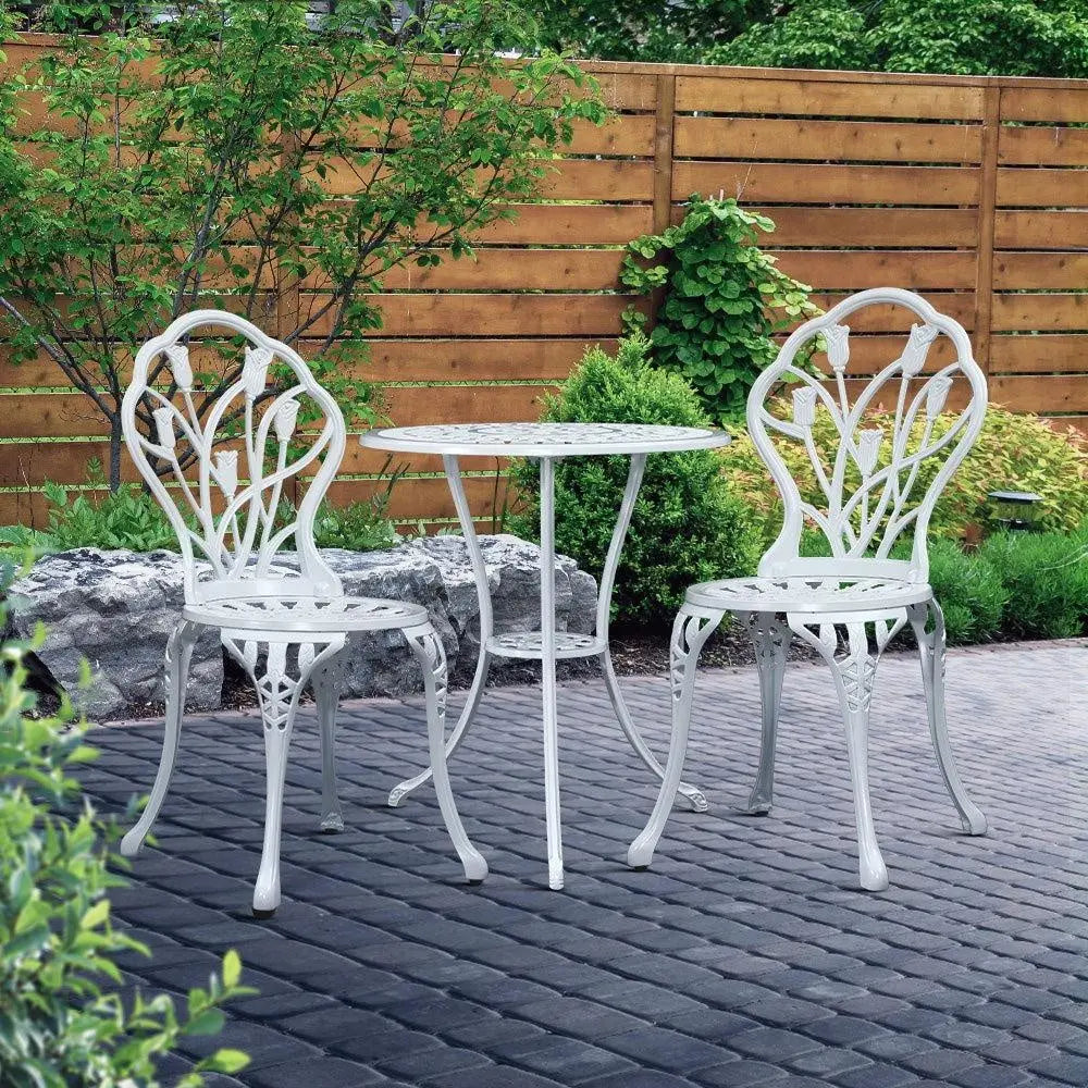 Gardeon 3PC Outdoor Bistro Set featuring a round table and two chairs with elegant floral patterns, made of rust-resistant cast aluminium.
