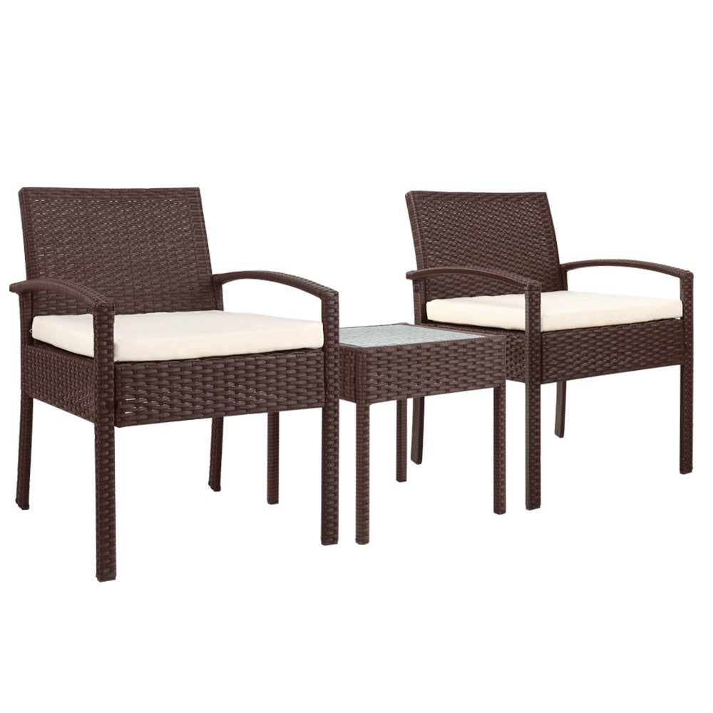 Gardeon 3-piece Outdoor Set featuring brown PE wicker chairs and a side table with a clear tempered glass top, complemented by beige cushions.