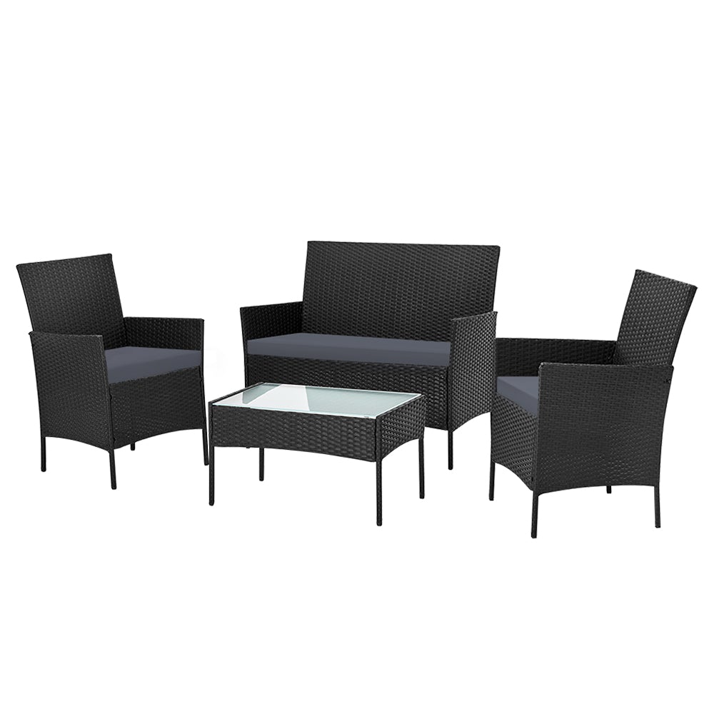 Gardeon 4-piece Wicker Outdoor Set in Black featuring a loveseat, two armchairs, and a side table with grey cushions.