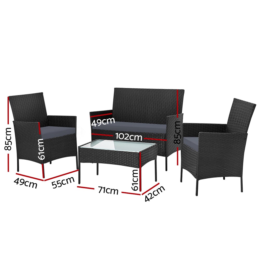 Gardeon 4-piece Wicker Outdoor Set in Black featuring a loveseat, two armchairs, and a side table with grey cushions.