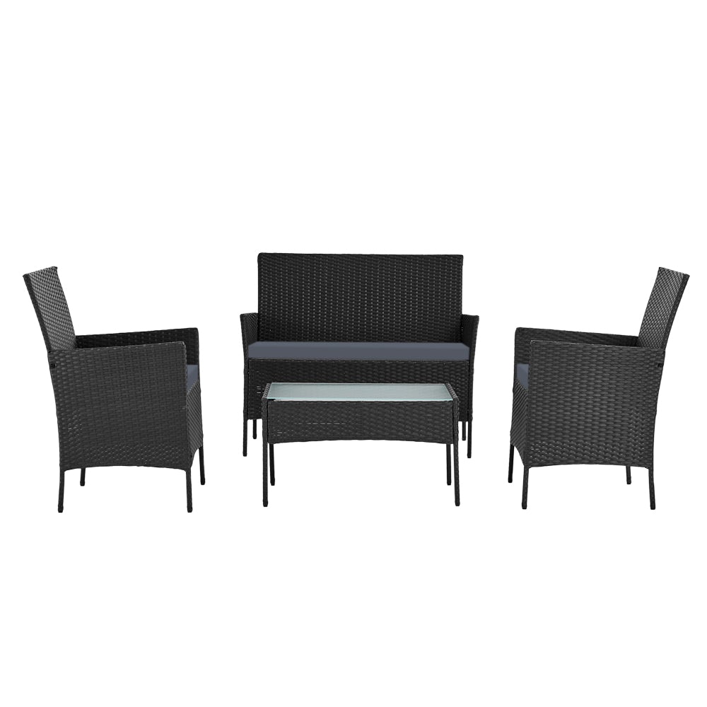 Gardeon 4-piece Wicker Outdoor Set in Black featuring a loveseat, two armchairs, and a side table with grey cushions.