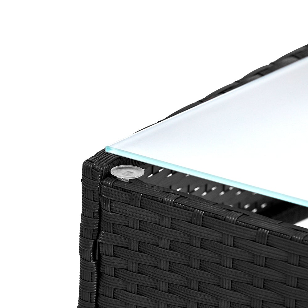 Gardeon 4-piece Wicker Outdoor Set in Black featuring a loveseat, two armchairs, and a side table with grey cushions.