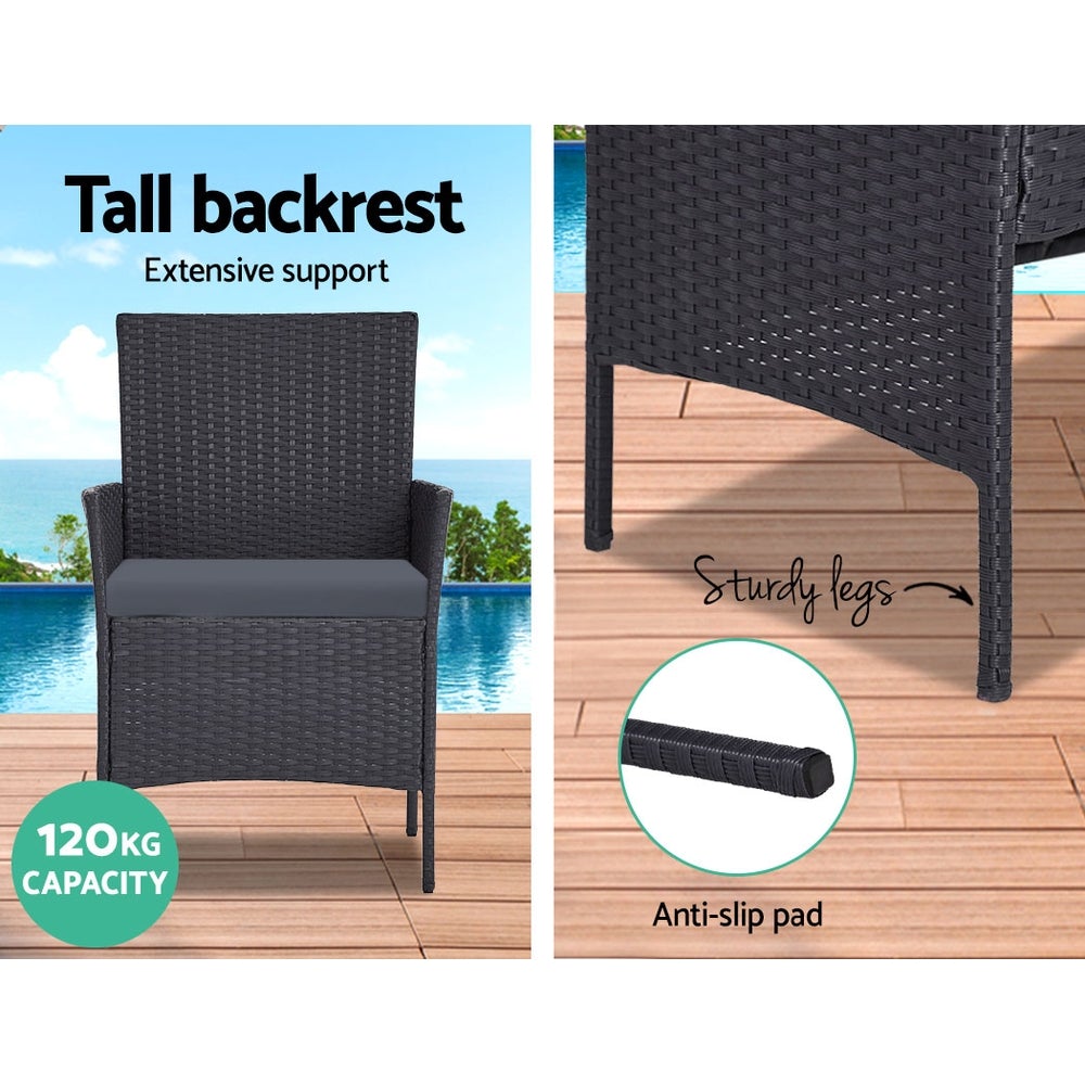 Gardeon 4-piece Wicker Outdoor Set in Black featuring a loveseat, two armchairs, and a side table with grey cushions.