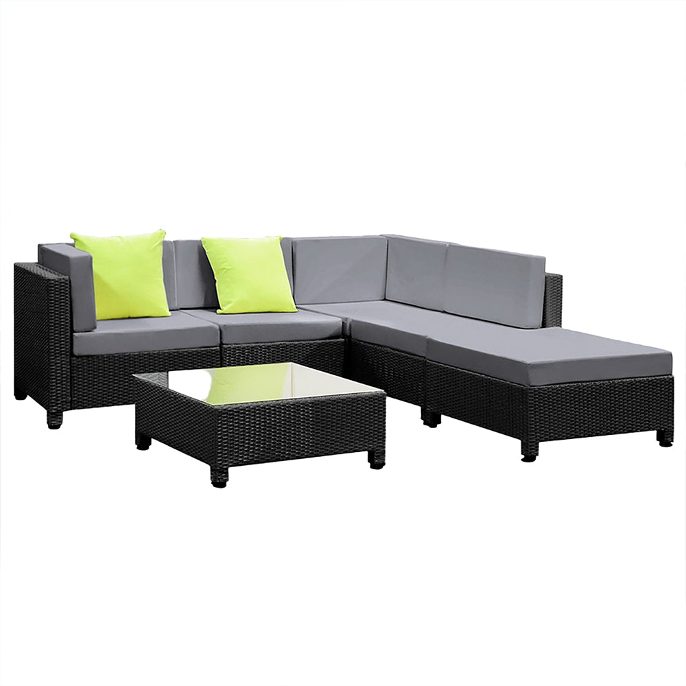 Gardeon 6pcs Outdoor Sofa Lounge Setting featuring modular design with grey cushions, black frame, and a glass-top coffee table, perfect for outdoor gatherings.