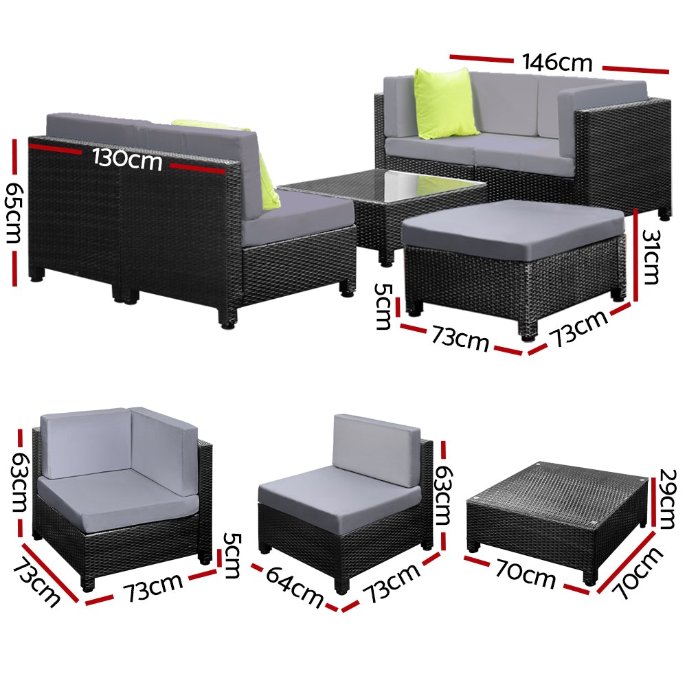 Gardeon 6pcs Outdoor Sofa Lounge Setting featuring modular design with grey cushions, black frame, and a glass-top coffee table, perfect for outdoor gatherings.