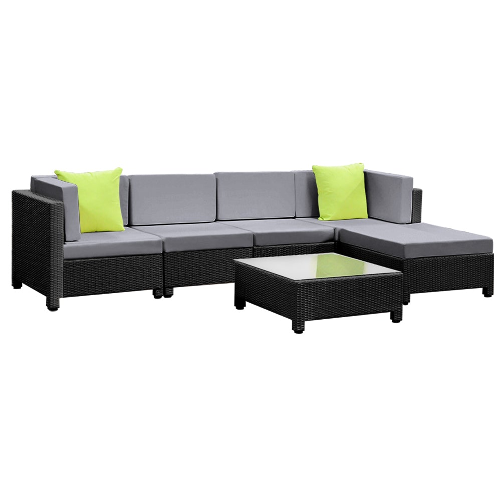 Gardeon 6pcs Outdoor Sofa Lounge Setting featuring modular design with grey cushions, black frame, and a glass-top coffee table, perfect for outdoor gatherings.