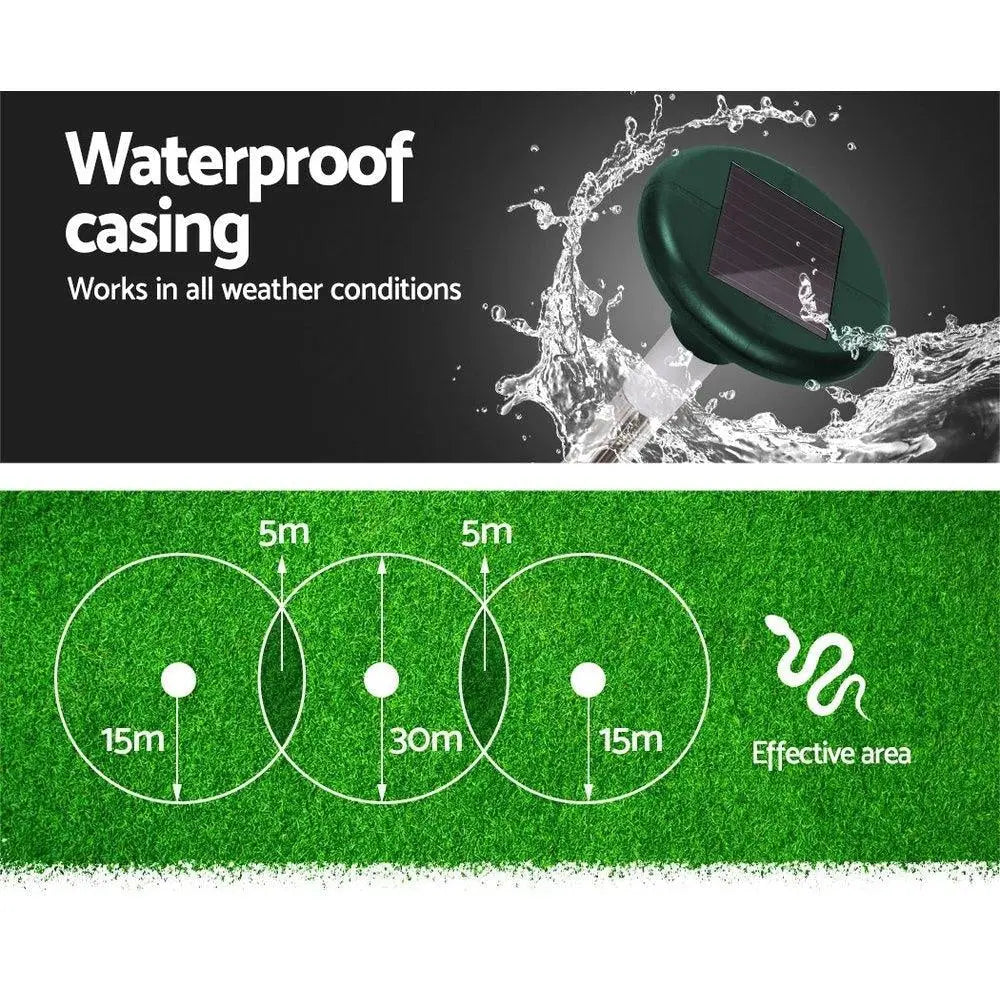 Gardeon 6X LED Solar Snake Repeller with solar panel and LED light, designed for pest control in gardens and outdoor areas.