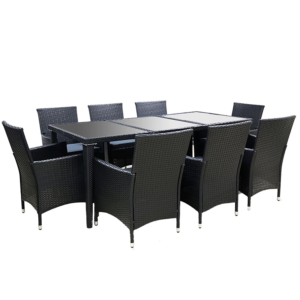 Gardeon 9 Piece Outdoor Dining Set in Black featuring aluminum frame, PE rattan chairs, and a tempered glass table, perfect for outdoor dining.