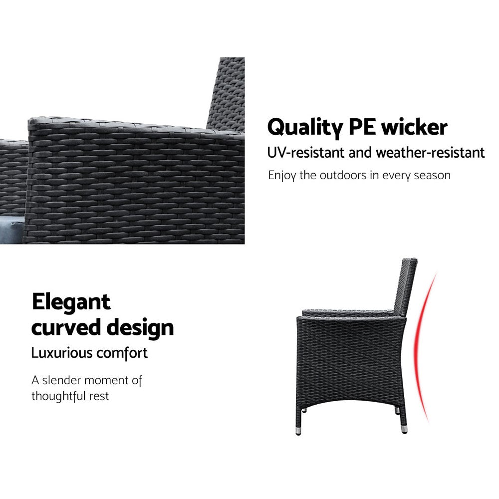 Gardeon 9 Piece Outdoor Dining Set in Black featuring aluminum frame, PE rattan chairs, and a tempered glass table, perfect for outdoor dining.