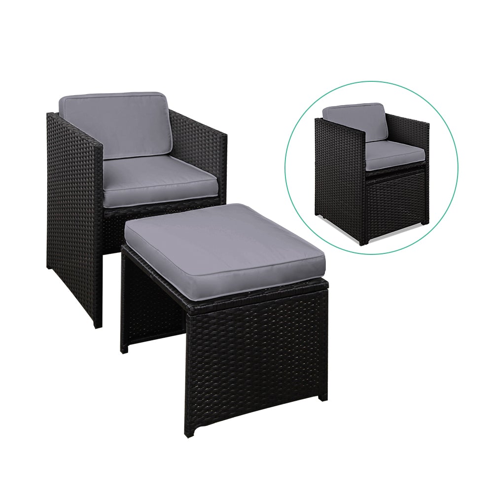 Gardeon 9 Piece Wicker Outdoor Dining Set featuring black and grey cushions, a glass top table, and stylish wicker design, perfect for outdoor dining.