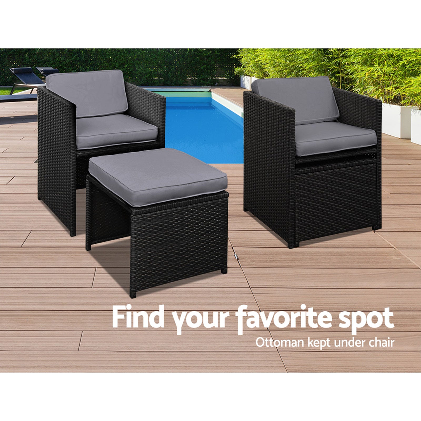 Gardeon 9 Piece Wicker Outdoor Dining Set featuring black and grey cushions, a glass top table, and stylish wicker design, perfect for outdoor dining.