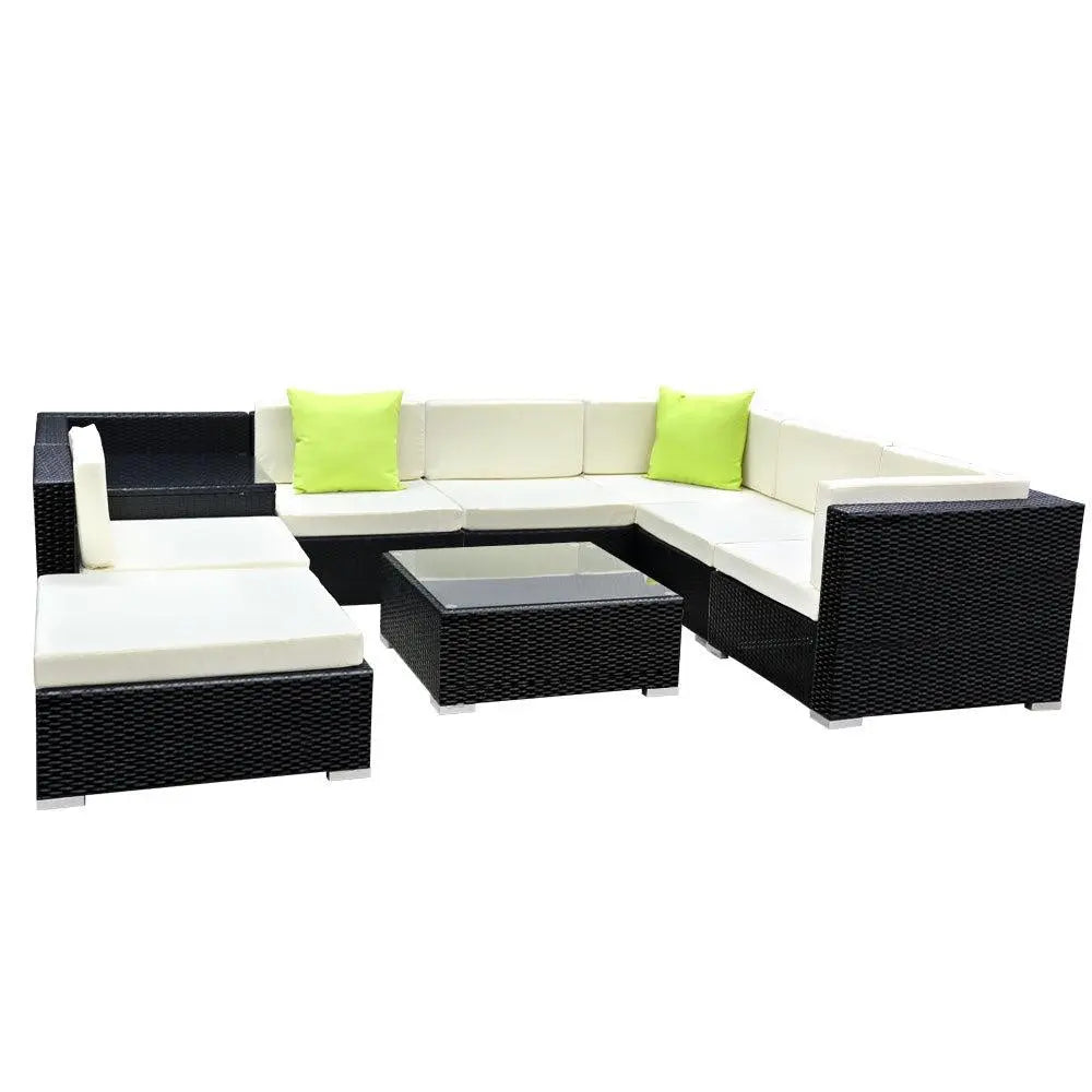 Gardeon 9PC Outdoor Furniture Sofa Set featuring black aluminium frame, beige cushions, and lime green throw pillows, arranged in a stylish patio setting.