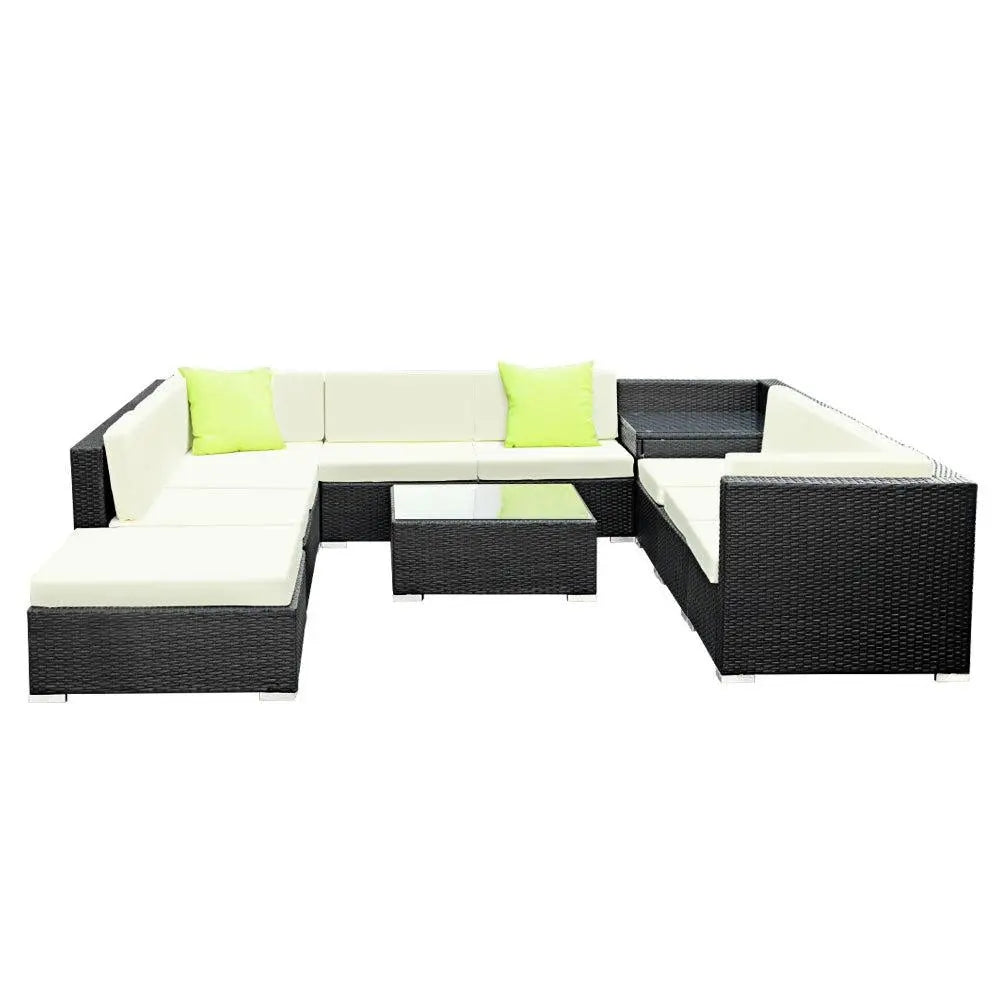 Gardeon 9PC Outdoor Furniture Sofa Set featuring black aluminium frame, beige cushions, and lime green throw pillows, arranged in a stylish patio setting.