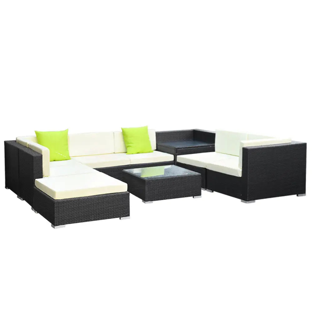 Gardeon 9PC Outdoor Furniture Sofa Set featuring black aluminium frame, beige cushions, and lime green throw pillows, arranged in a stylish patio setting.