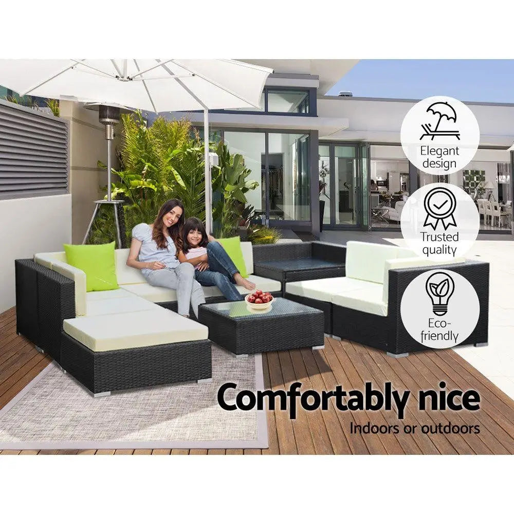 Gardeon 9PC Outdoor Furniture Sofa Set featuring black aluminium frame, beige cushions, and lime green throw pillows, arranged in a stylish patio setting.