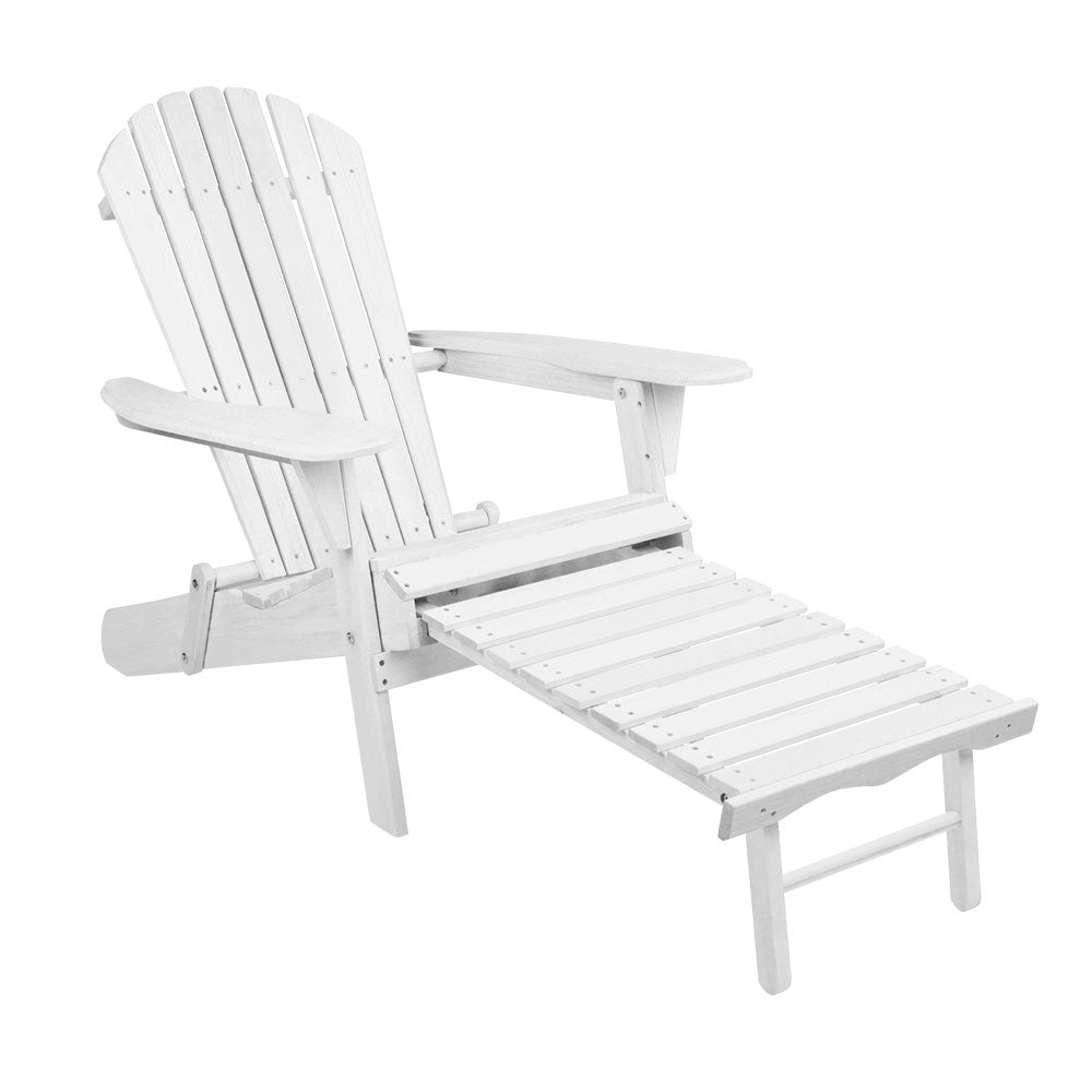 Gardeon Adirondack Beach Chair with Ottoman in white, showcasing its classic design and sturdy construction.