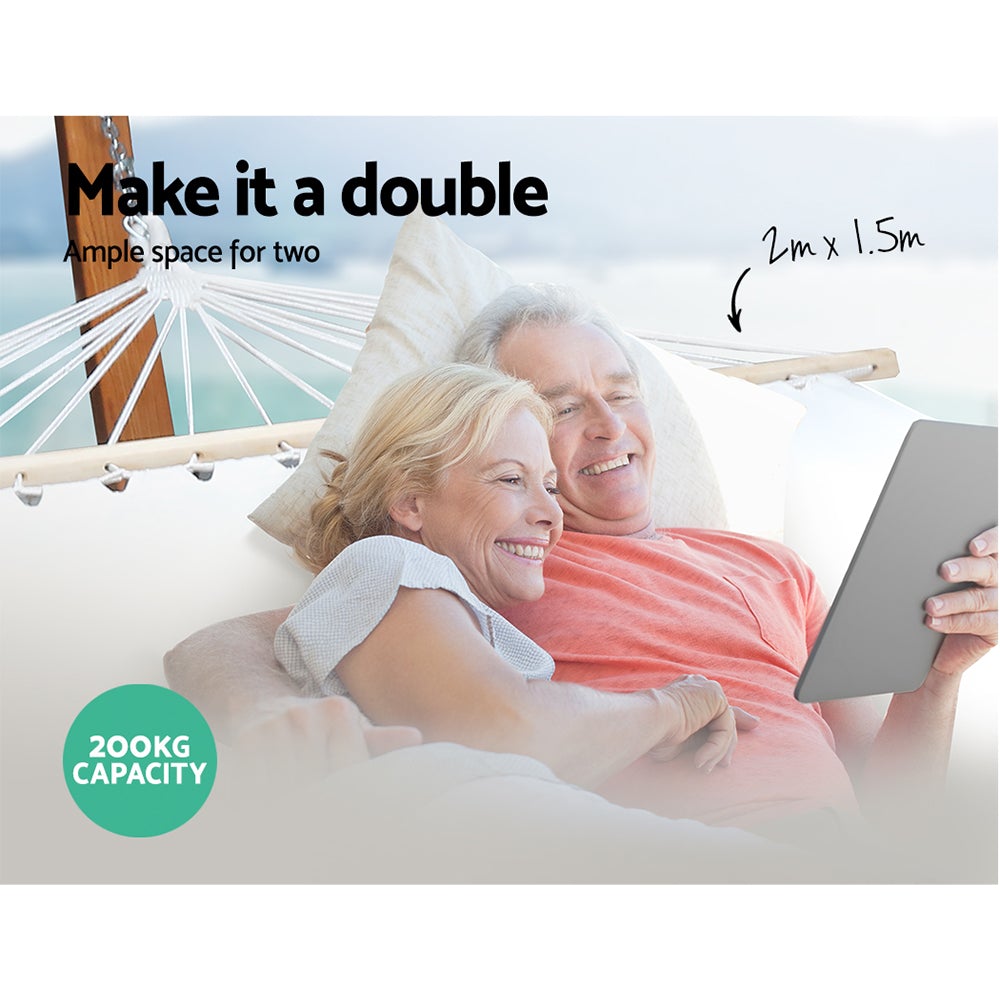 Gardeon Double Tassel Hammock with Wooden Stand, featuring elegant tassels and durable fabric, perfect for indoor or outdoor relaxation.