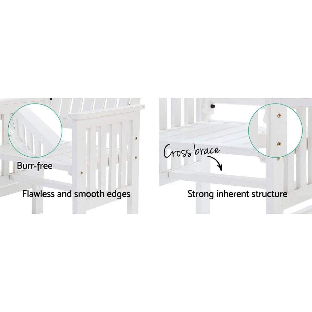 Gardeon Garden Bench Chair Table Loveseat made of natural fir wood, featuring two armchairs and an adjoining table with a parasol hole, set in a beautiful outdoor environment.