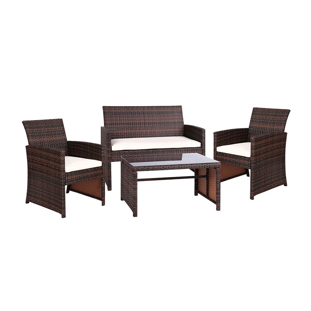 Gardeon Garden Furniture Outdoor Lounge Setting featuring two armchairs, a two-seater sofa, and a matching table in a stylish brown wicker design.
