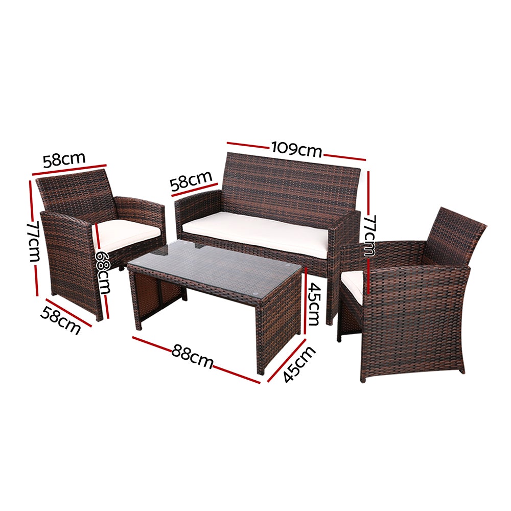 Gardeon Garden Furniture Outdoor Lounge Setting featuring two armchairs, a two-seater sofa, and a matching table in a stylish brown wicker design.