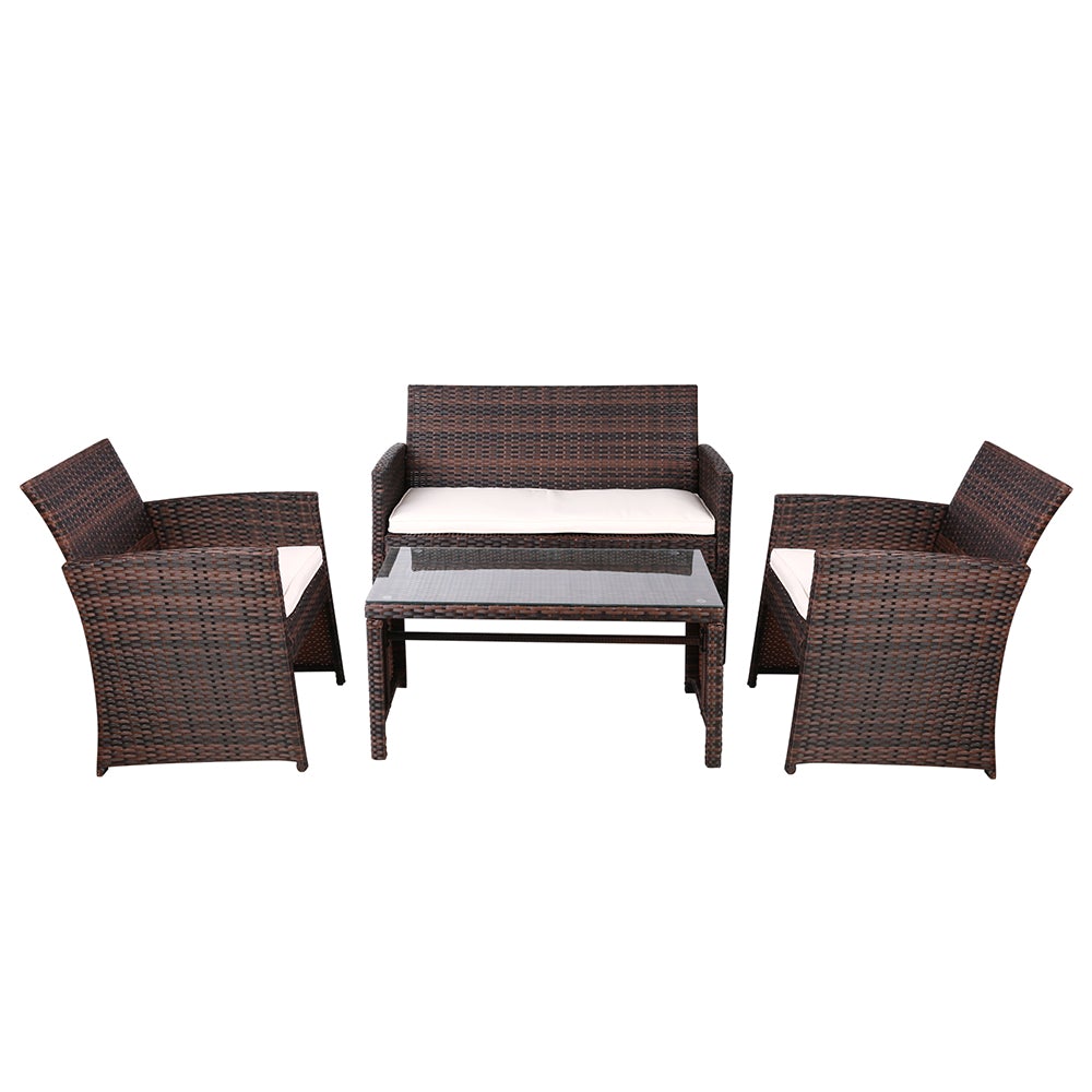 Gardeon Garden Furniture Outdoor Lounge Setting featuring two armchairs, a two-seater sofa, and a matching table in a stylish brown wicker design.