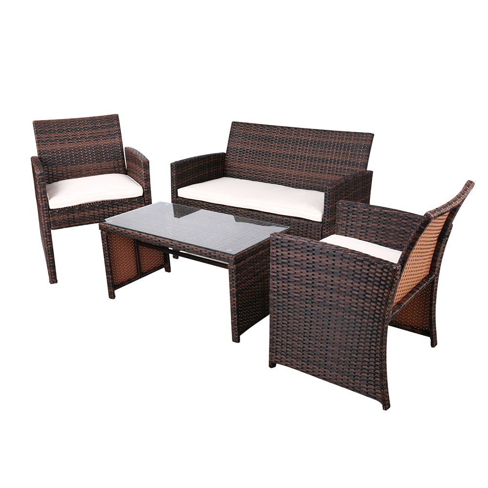 Gardeon Garden Furniture Outdoor Lounge Setting featuring two armchairs, a two-seater sofa, and a matching table in a stylish brown wicker design.