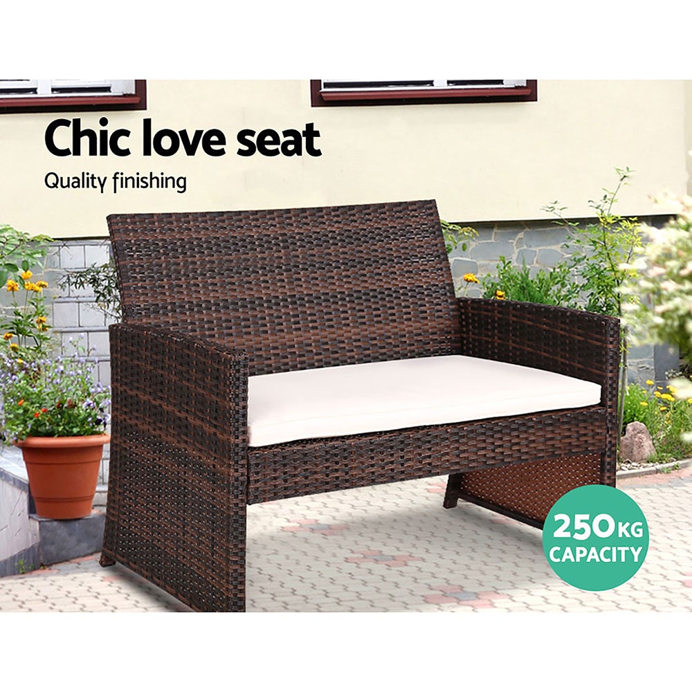 Gardeon Garden Furniture Outdoor Lounge Setting featuring two armchairs, a two-seater sofa, and a matching table in a stylish brown wicker design.