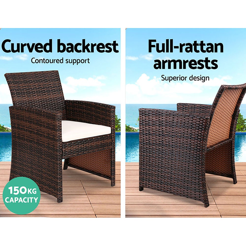 Gardeon Garden Furniture Outdoor Lounge Setting featuring two armchairs, a two-seater sofa, and a matching table in a stylish brown wicker design.