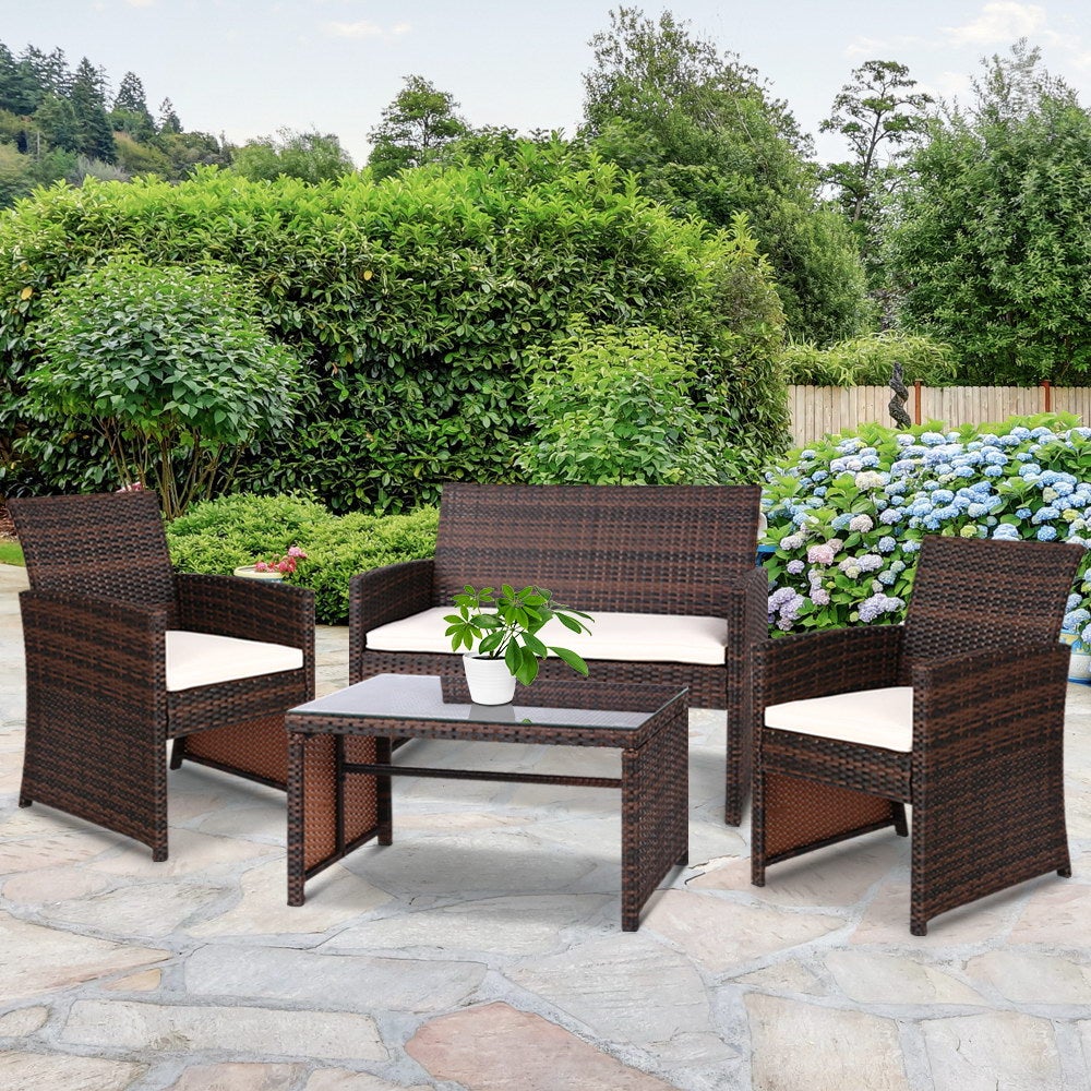 Gardeon Garden Furniture Outdoor Lounge Setting featuring two armchairs, a two-seater sofa, and a matching table in a stylish brown wicker design.