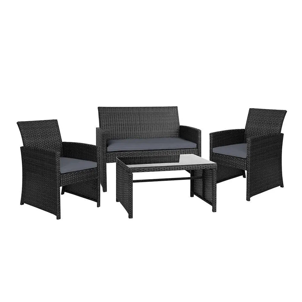Gardeon Garden Furniture Outdoor Lounge Setting featuring a stylish wicker sofa set with two armchairs, a two-seater sofa, and a matching table.