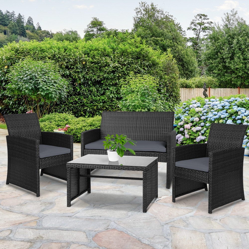 Gardeon Garden Furniture Outdoor Lounge Setting featuring a stylish wicker sofa set with two armchairs, a two-seater sofa, and a matching table.