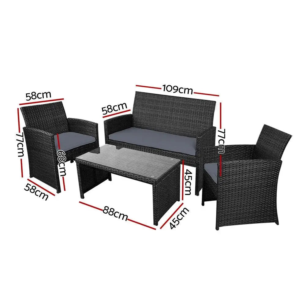 Gardeon Garden Furniture Outdoor Lounge Setting featuring a stylish wicker sofa set with two armchairs, a two-seater sofa, and a matching table.
