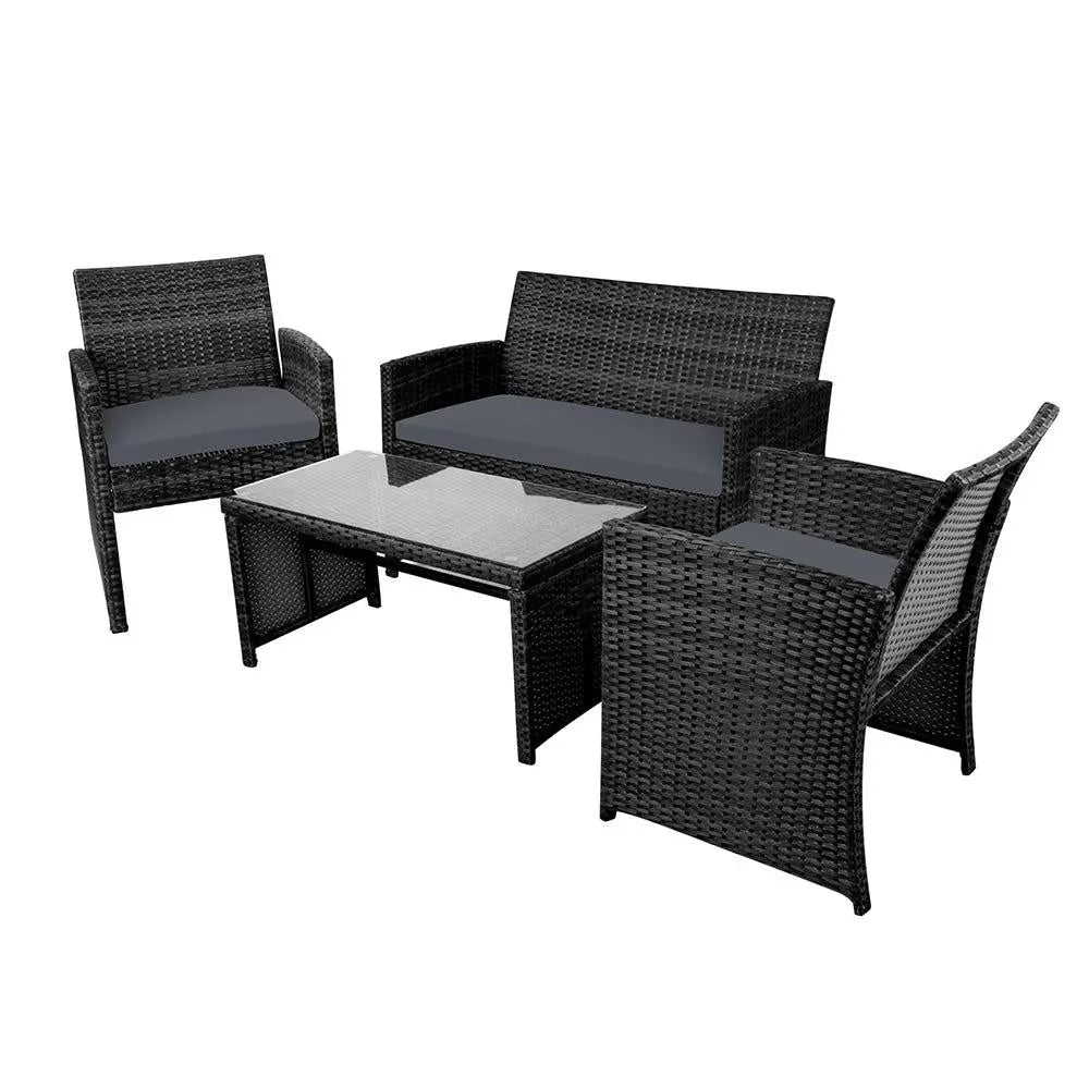 Gardeon Garden Furniture Outdoor Lounge Setting featuring a stylish wicker sofa set with two armchairs, a two-seater sofa, and a matching table.