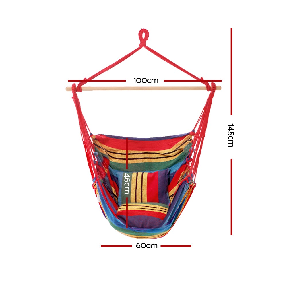 Gardeon Hammock Swing Chair with vibrant multi-colour cushions, hanging from a timber rail, perfect for outdoor relaxation.