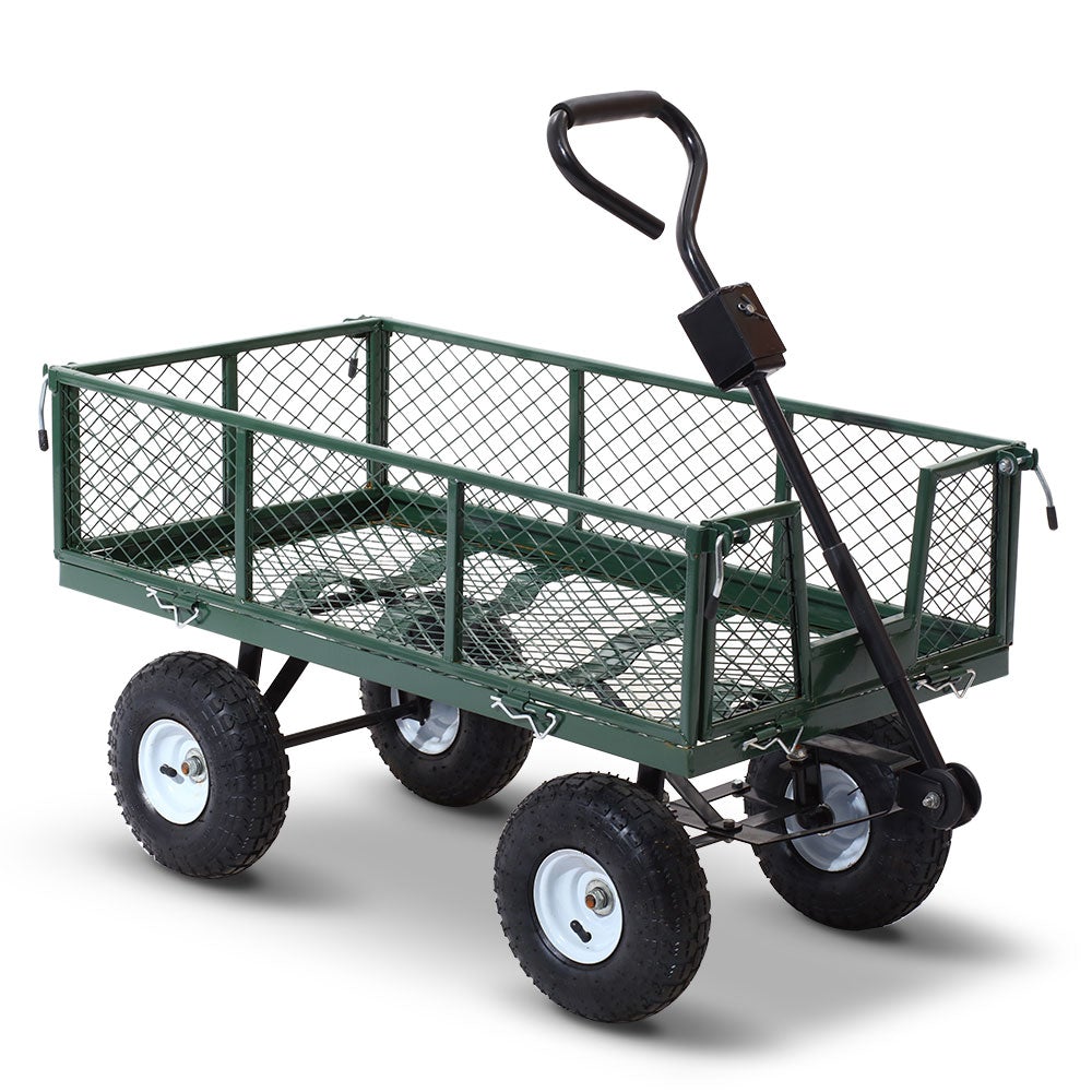 Gardeon Mesh Garden Steel Cart in green color, showcasing its durable steel frame and removable sides, ideal for transporting heavy gardening supplies.