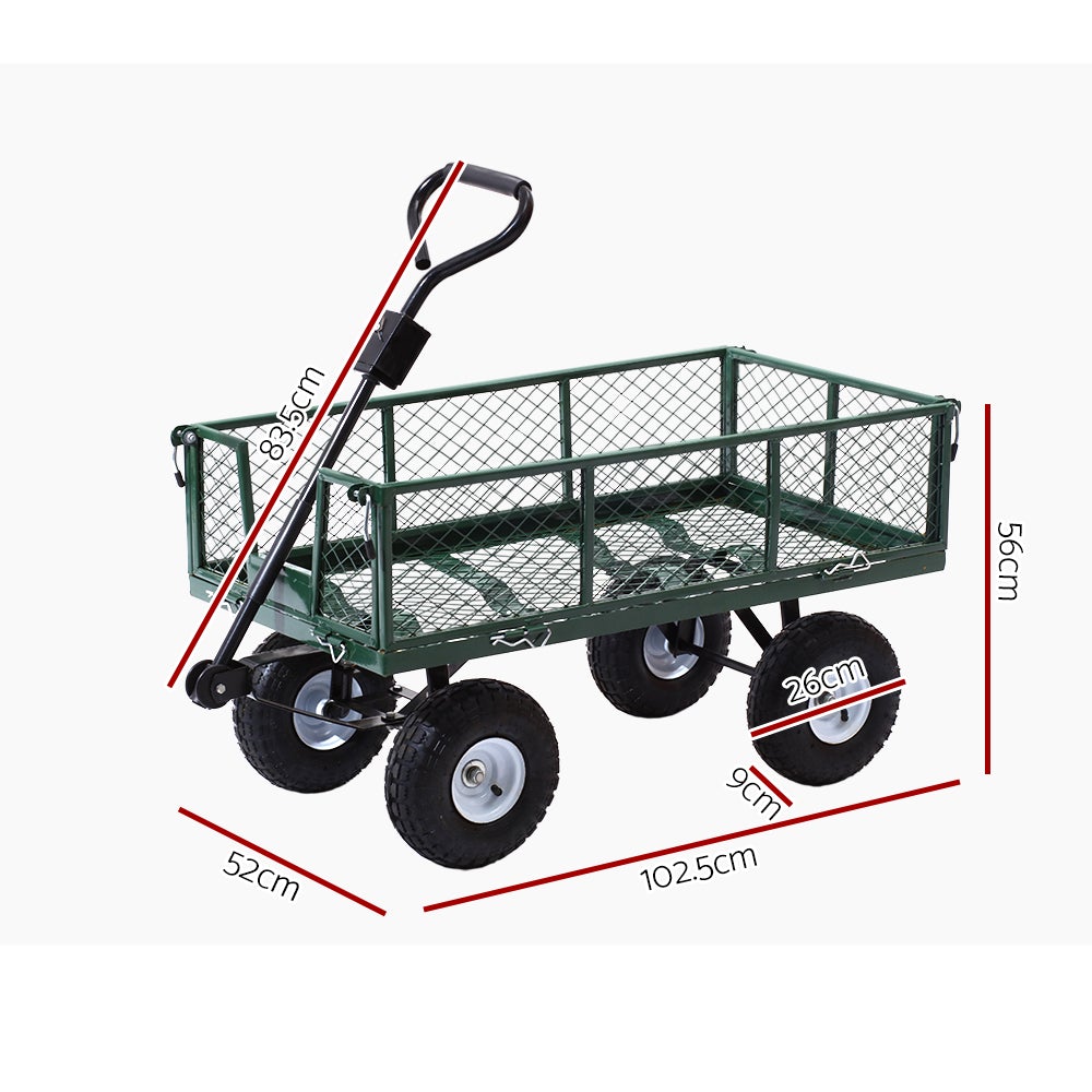Gardeon Mesh Garden Steel Cart in green color, showcasing its durable steel frame and removable sides, ideal for transporting heavy gardening supplies.