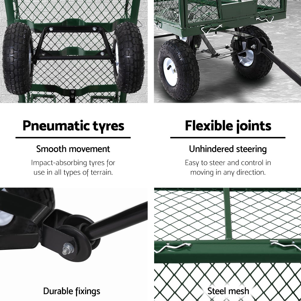 Gardeon Mesh Garden Steel Cart in green color, showcasing its durable steel frame and removable sides, ideal for transporting heavy gardening supplies.