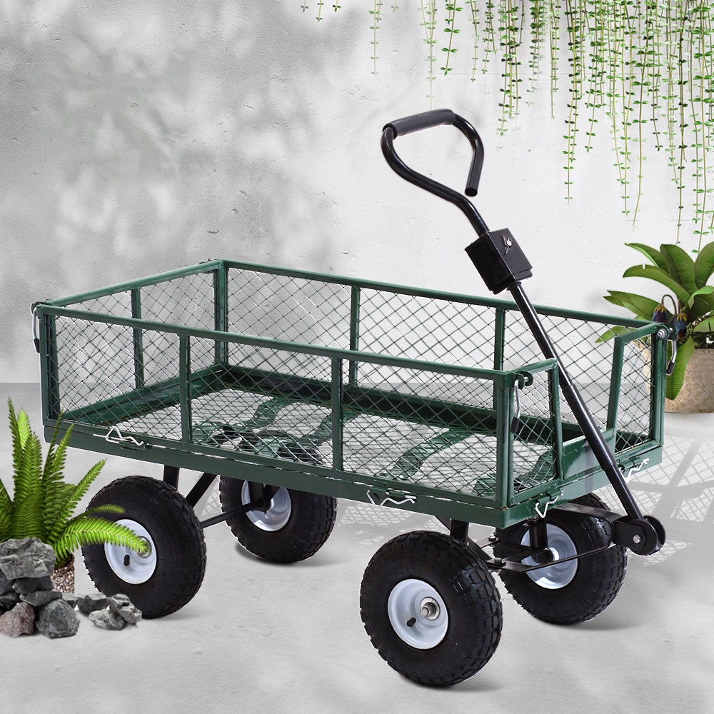 Gardeon Mesh Garden Steel Cart in green color, showcasing its durable steel frame and removable sides, ideal for transporting heavy gardening supplies.