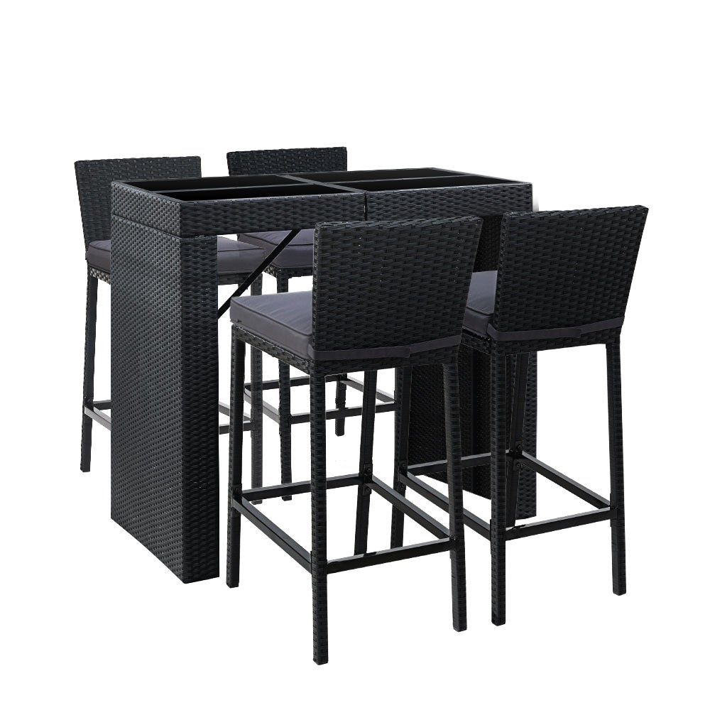 Gardeon Outdoor Bar Set featuring a stylish table and four bar stools with grey cushions, perfect for patio or backyard gatherings.