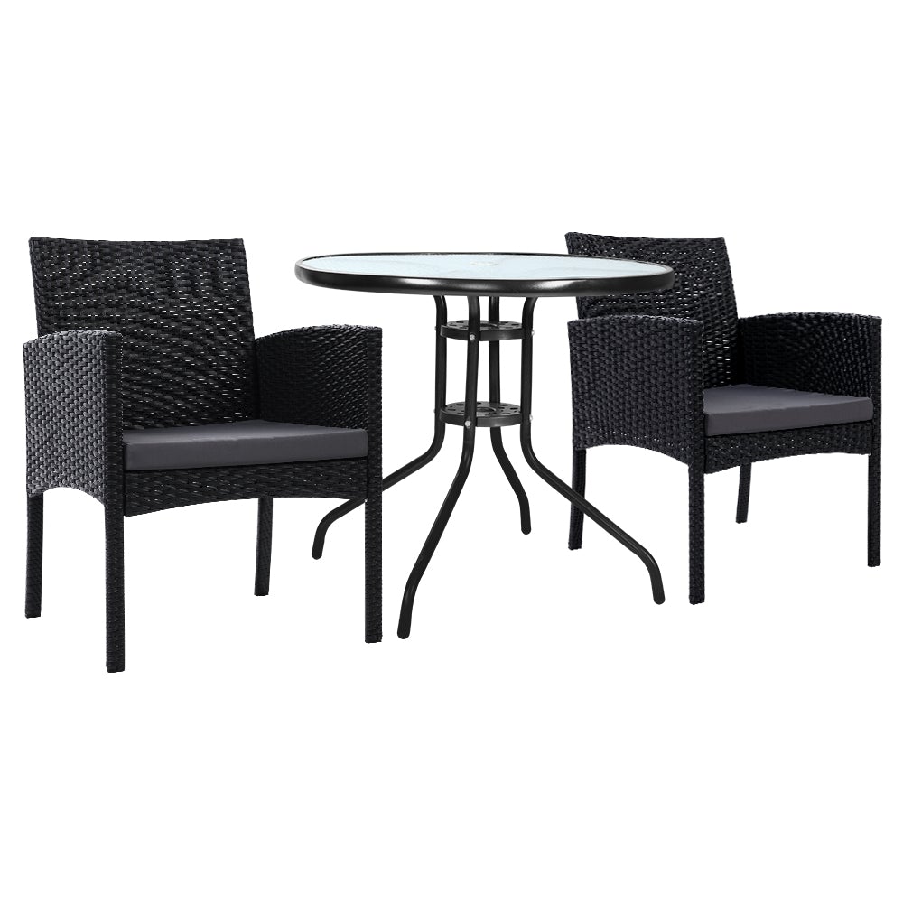 Gardeon Outdoor Bistro Set featuring two wicker chairs and a glass-top table, perfect for patio dining and relaxation.