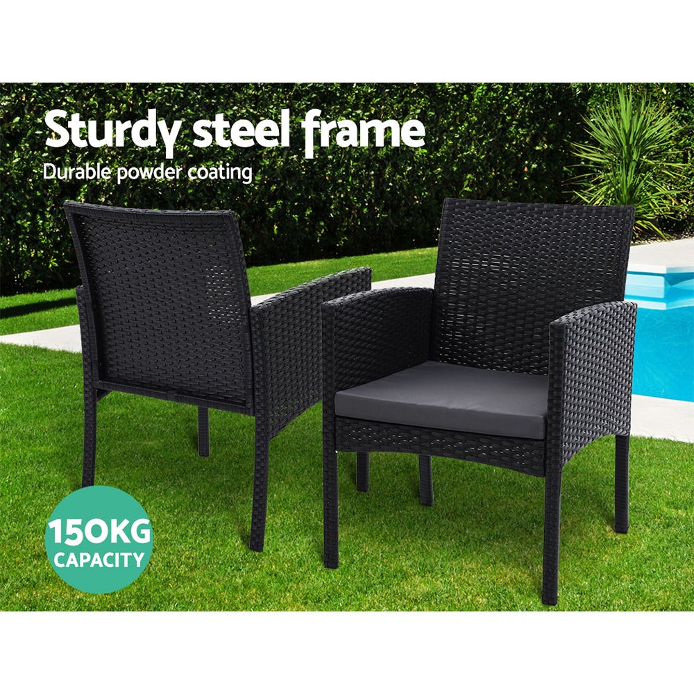 Gardeon Outdoor Bistro Set featuring two wicker chairs and a glass-top table, perfect for patio dining and relaxation.
